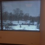 A window with snow on the ground and trees in front of it.