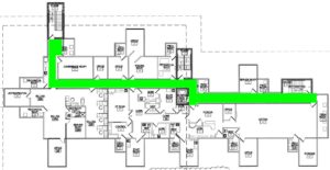 A floor plan of an apartment complex with green lines.